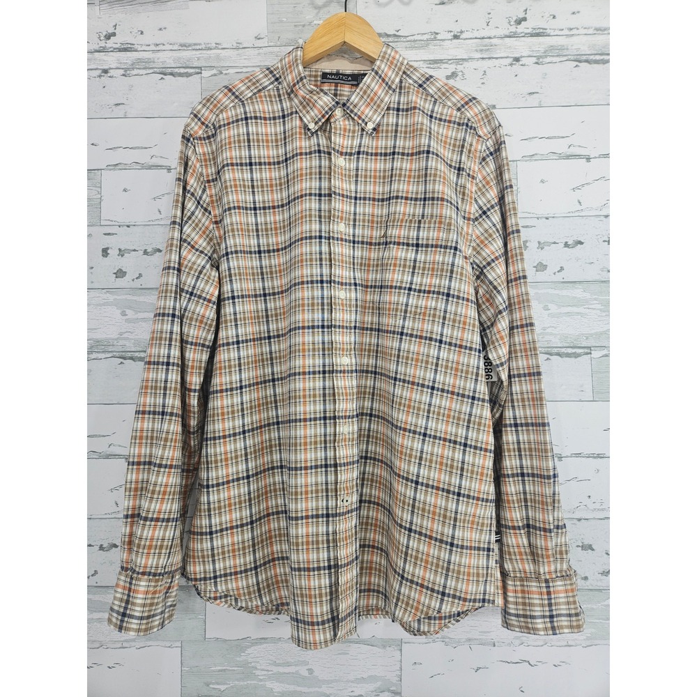 Nautica Mens Large Plaid Button Down Shirt Orange Blue Tan Long Sleeve NWT